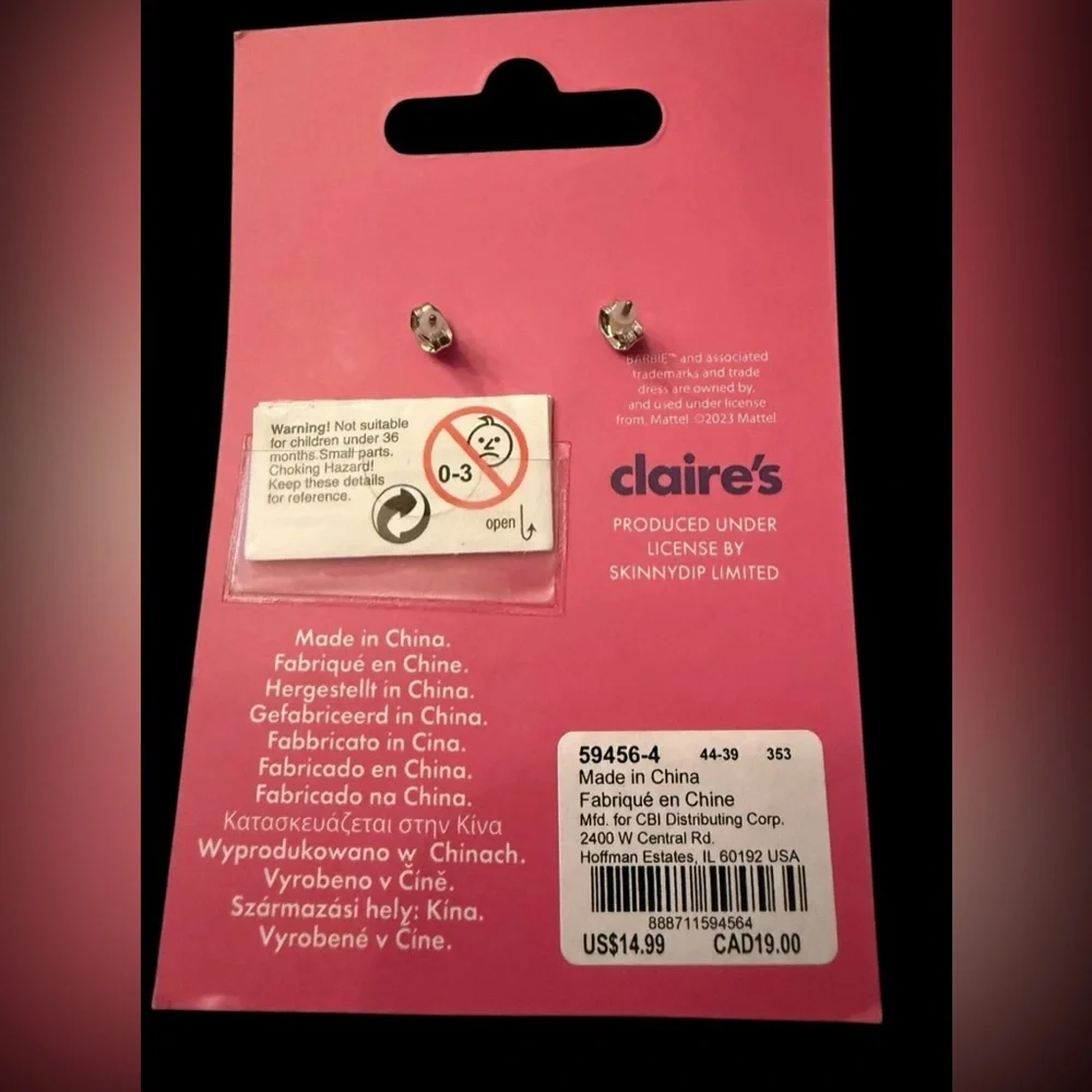 Barbie x Claire’s Pink Heart Rhinestone Logo Drop Earrings NWT